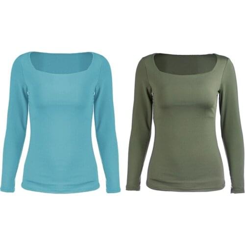 2x Womens Sexy Solid Color Slim Square Collar Long Sleeve T-Shirt Bottoming Top S Size ArmyGreen/Light Blue