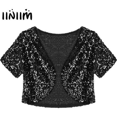 Women Shiny Sequin Cropped Blouses Coat Glitter Waistcoat Short Sleeve Cardigan Crop Top Outwear Stage Performance Costume