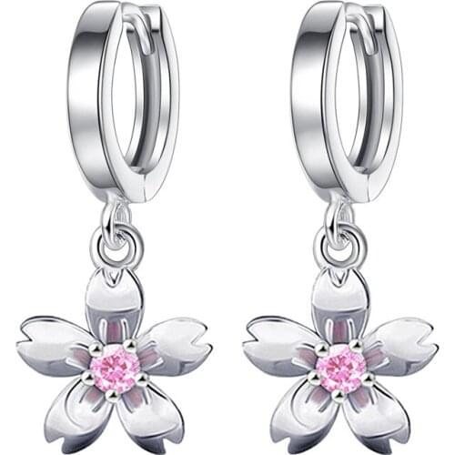 Silver Earrings New Design Cherry Blossoms Crystal 925 Sterling Silver Stud Earrings for Women Wholesale Jewelry Gift