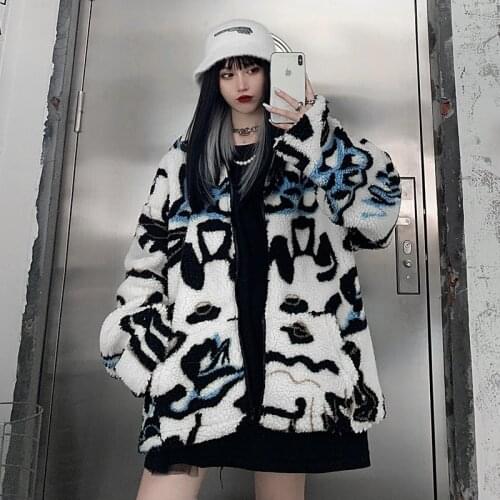 Winter Wool Cardigan Coat Women Lambs Print Retro Loose Casual Street Jacket Fashion Thick Warm Casual korean Outerwear Female