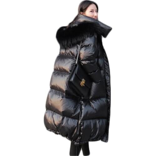 2019 New Korean Version of Loose Blcke Shiny Large Fur Collar Down Jacket Thickened Over the Knee in the Long Down Jacket 774