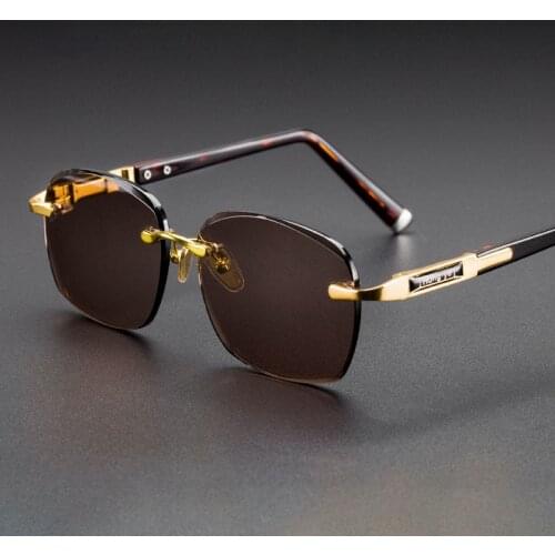 Acetate Rimless Polarized Sunglasses Men Women Vintage Crystal Stone Lens Sun Glasses Retro Brown Sunglass Goggles UV400 Oculos