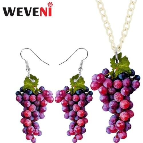 WEVENI Acrylic Jewelry Sets Purple Tempting Grapes Necklace Earrings Fashion Cool Pendant For Women Girls Lovers Gift Decoration