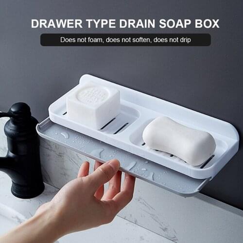 Double Grid Drawer Design Soap Dish Wall Mounted Drain Soap Box Bathroom Shower Soap Holder Tray Storage Rack Shelf Organizer