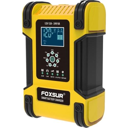 FOXSUR 12V24V 12A Car Battery smart Charger Pulse Repair LCD Battery Charger for Car Motorcycle Lead Acid Battery Agm Gel