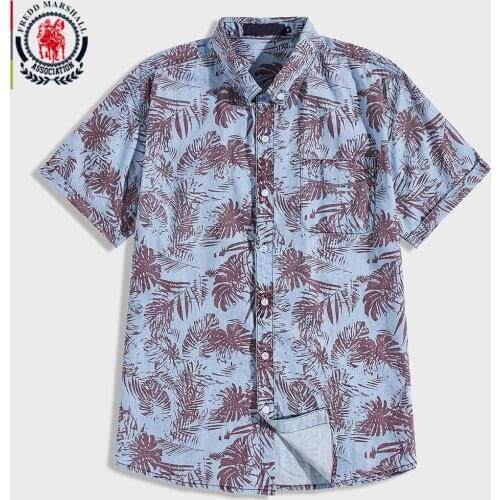 FREDD MARSHALL 2020 New Fashion Tropical Print Shirt Casual Short Sleeve 100% Cotton Hawaiian Denim Shirt Brand Clothing 56013