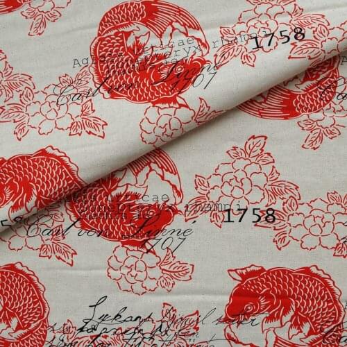 Cotton Linen Fabric for handmad, bed, bag, curtain - fish and flower (red fish) (LF189)