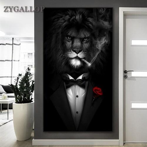 Smoking Lion Wear Suit Print Canvas Paintings Creativity Animal Wall Art Poster and Prints Aisle Living Room Decorative Pictures