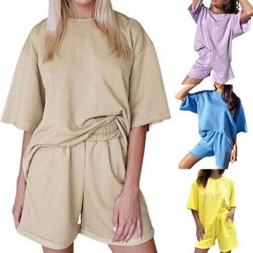 Summer Women Cotton Sets Women Casual Two Pieces Short Sleeve T Shirts High Waist T-shirt Shorts Set Solid Outfits Tracksuit