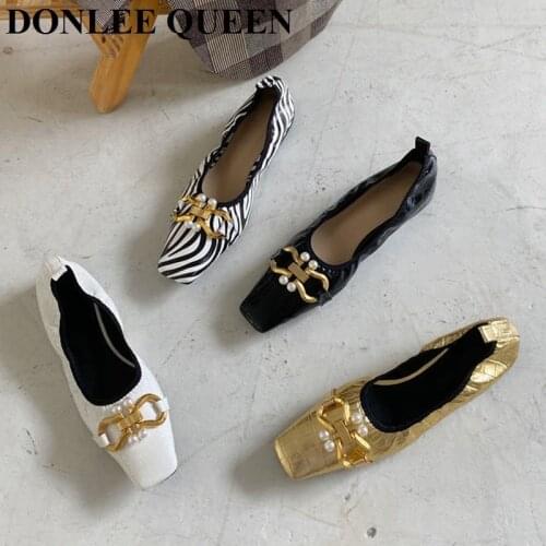 Fashion Brand Design Metal Buckle Shoes Women Flats Ballet Square Toe Slip On Female Ballerina Casual Loafers zapatillas mujer