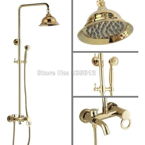 Rain Shower Faucet Set with Handheld Shower Head /Bathroom Wall Mounted Single Handle Bathtub Gold Color Brass Mixer Tap Wgf406