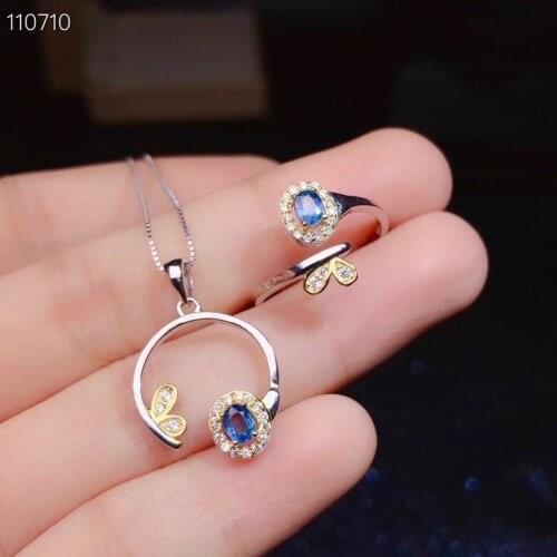 Super Quality Sapphire Jewelry Set Natural And Real 925 Sterling Silver Fine Jewelry 1pc Sapphire Ring,1pc Sapphire Pendant