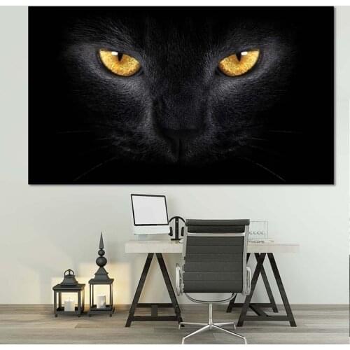 Canvas Wall Art Painting for Home Office Hotel,Black 3D Cat Face with Yellow Eyes Pattern Artworks Posters and Prints Wall Décor