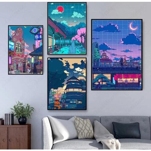 Canvas Wall Art Hd Cartoon View Street Posters and Prints Home Decoration Night Tree Cute Painting for Bedroom Modular Pictures