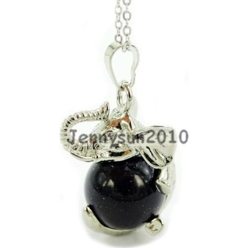 Natural Blue Sand Gems Stone Round Ball Chakra Healing Elephant Pendant Necklace Beads Healing Jewelry Design 10Pcs/Pack