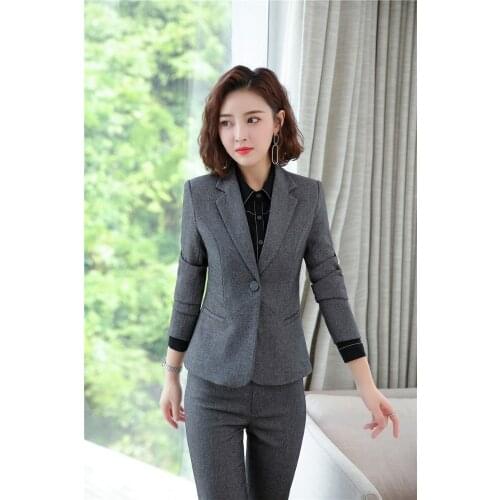 Novelty Grey Formal Professional Women Business Work Wear Pantsuits With Pants and Blazers Autumn Winter OL Styles Pants Suits