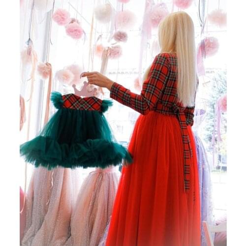 FOCUSNORM Christmas 2 Colors Infant Girls Princess Dress Outfits 1-6Y Plaid Printed Lace Patchwork Ruffles Sleeve Tutu Dress