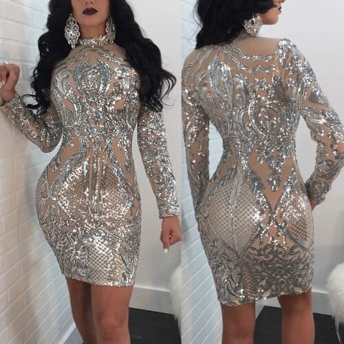 Sexy Bodycon Embroidery Sequin Club Party Mini Dress Women Elegant Glitter Sequin Nude Mesh Long Sleeves Shiny Dresses
