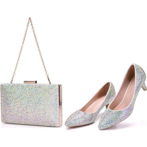 Crystal Queen Women Pumps Crystal Wedding Shoes Pointed Toe High Heels Shoes Rhinestone 5CM With Matching Bags Bride Purse shoes