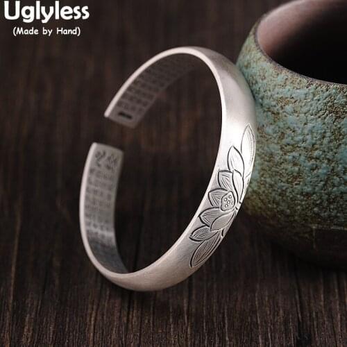 Uglyless Inside Carved Heart Sutra Bangles for Women Blooming Lotus Bangles 10MM Wide 999 Pure Silver Buddhism Jewelry Handmade