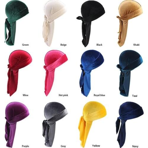 Unisex Velvet Durag Long Tail and Wide Straps Waves for Men Solid Wide Doo Rag Bonnet Cap Comfortable Sleeping Hat Wholesale