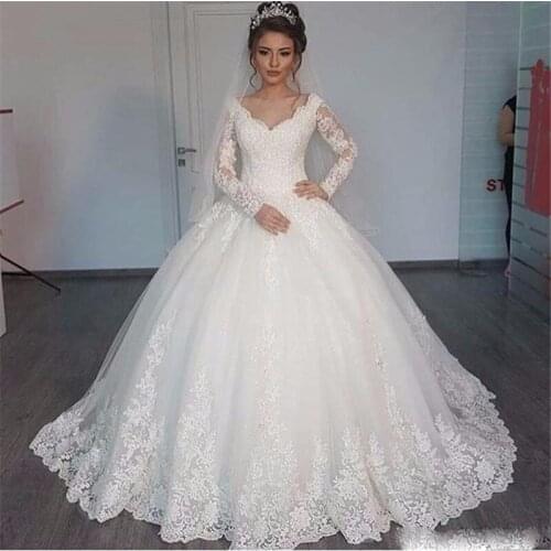 Gorgeous V-neck Ball Gown Long Sleeve Wedding Dresses 2020 Lace Applique White Wedding Gowns robe de mariage