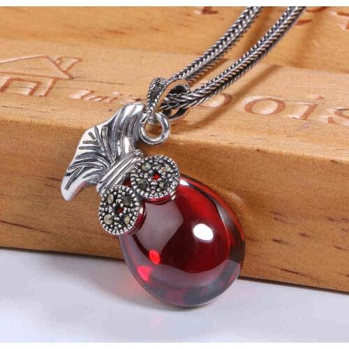 ZHJIASHUN 100% 925 Sterling Silver Ruby Necklace Pendant Retro Natural Gemstone Vintage Copper Coin Pendant Jewelry For Women