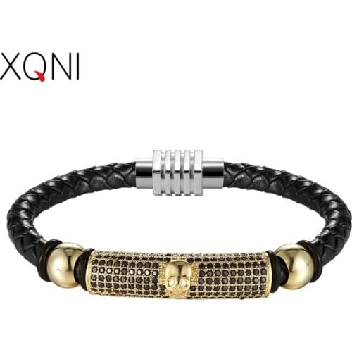 XQNI 4 Colors 5 Sizes Skeleton Micro Inlaid Cubic Zircon With Round Ball Genuine Leather Bracelet Stainless Steel Magnet Buckle