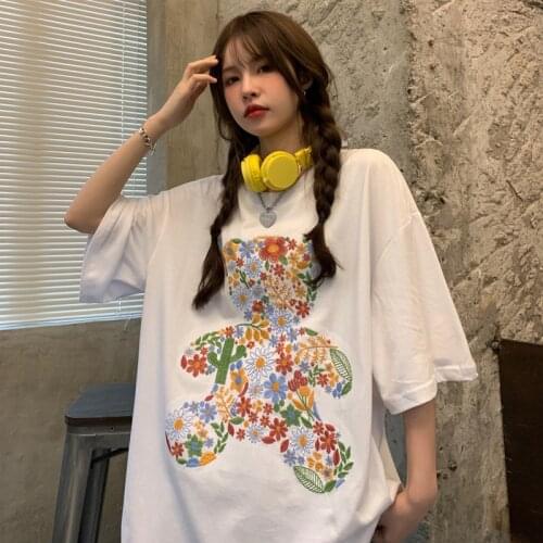Europe and America high street 2021 bear short sleeve T-shirt womens summer short sleeve minority loose Korean half sleeve top