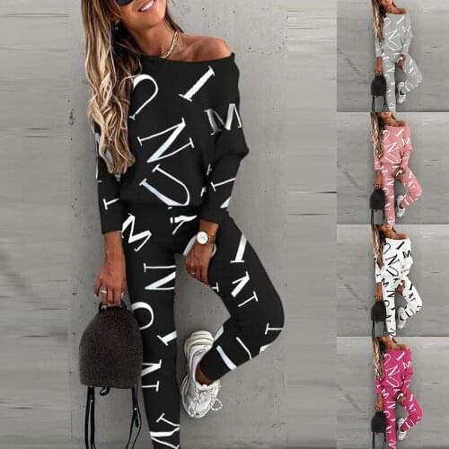 2021 Spring Two Piece Outfits Sportswear Womens Letter Print Long Sleeve Long Pant Casual Suit Tracksuit