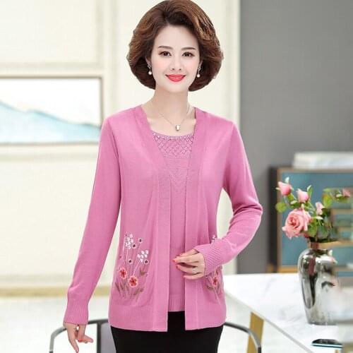 Fake Two Pieces Women Pullover Sweater Flower Embroidery Autumn Spring Knitted Clothing Long Sleeve Female Cardigan Knitted Tops