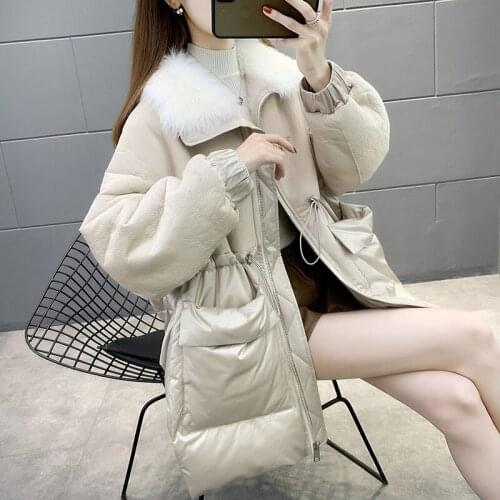 90% White Duck Down Womens Winter Down Jackets Real Sheepskin Leather Jacket Women Mink Fur Collar Coat Female Casaco Zjt1699