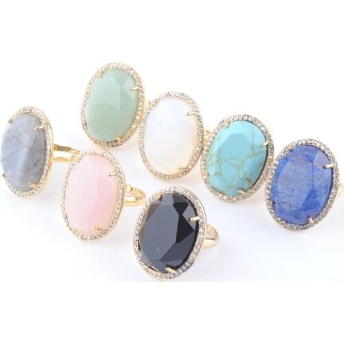Women Adjustable Ring Natural Stone Faceted Turquoises Aventurine Opening Gold Color Plated Crystal CZ Zircon Rhinestone QBX310