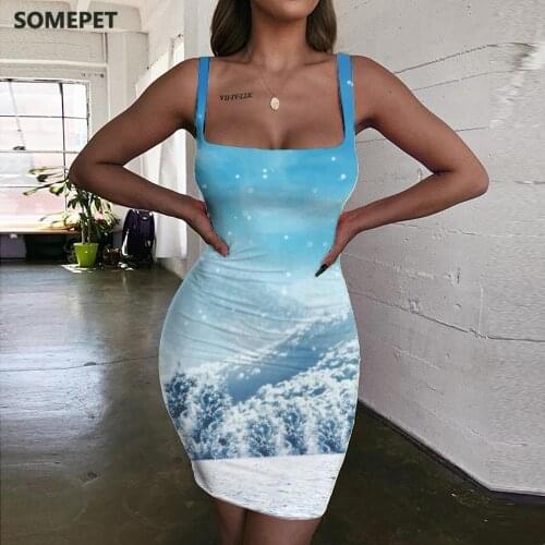 SOMEPET Christmas Dress Women Snowman Halter Sleeveless Mountains 3d Print Art Ladies Dresses Womens Clothing Mini Evening Short