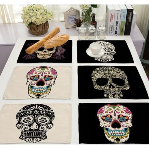 1Pcs Skull Pattern Placemat Dining Table Mats Drink Coasters Cotton Linen Pads Cup Mats 42*32cm Kitchen Accessories MC0026