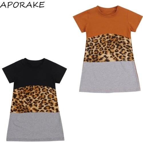 2021 2-7Y Girls Summer Casual Short Sleeve Dress Fashion Leopard Stitching Short Sleeve A-line Princess Dress Sundress