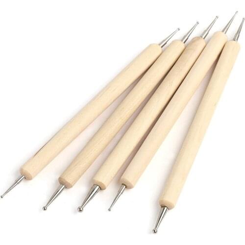 5pcs Wooden Double End 2 In 1 Nail Art Dotting Pen UV Gel Liner Drawing Rhinestone Flower Manicure Tool Pull Line Dot Pen Decor