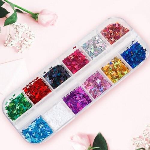 Monja 12 Grids/Box Mixed Color Butterfly Shape Nail Art Glitter Flake Natural Sequins DIY Decal Decorations 3D Nail Accessories