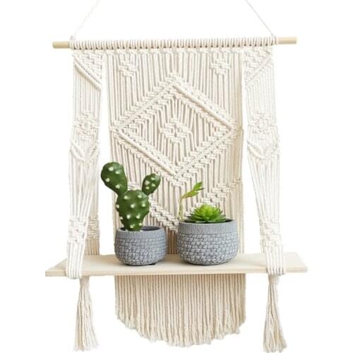 Bohemian Hand-Woven Macrame Wall Hanging Rope Shelf Indoor Plant Wooden Rack Stand Boho Macrame Tapestry Home Decor Ornament