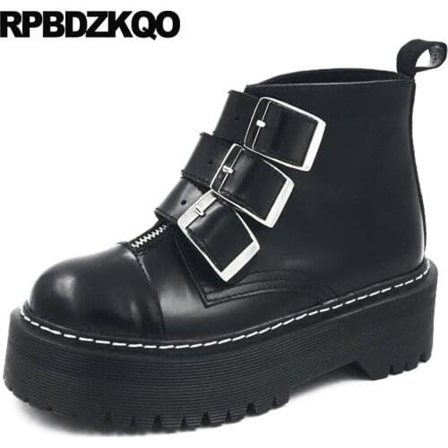 Big Size Booties Round Toe Flat Women Black Handmade Platform Punk Rock Boots Creepers 10 Autumn Genuine Leather Shoes Fall