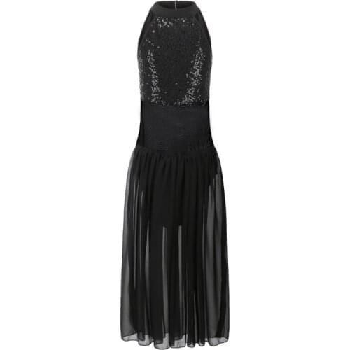 Kids Children Ballet Dance Costumes One-Piece Sleeveless Sequins Long Skirt Girl Gymnastics Leotard Ballet Performance Outfit