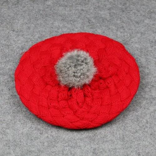 Kids Knitted Warm Beret Hat Solid Color Slouchy Winter Autumn Hats Thick Bonnet Caps With Faux Fur Pompom For Girls Babies