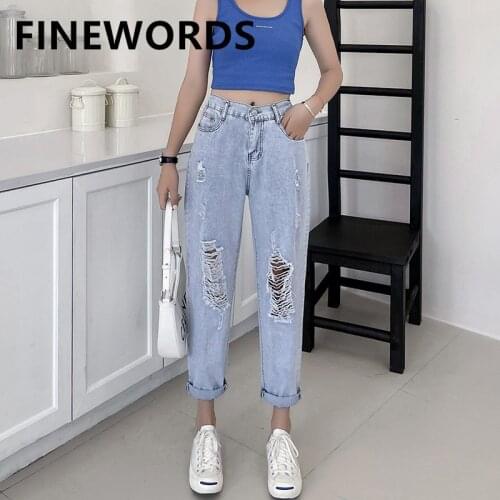 FINEWORDS High Waist Harem Boyfriend Mom Jean Korean Casual Ripped Jeans Women Plus Size Loose Vintage Washed Distressed Jeans
