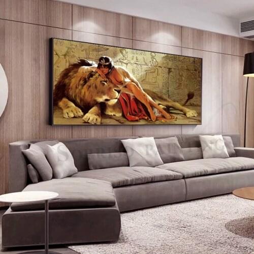 Girl And Tiger In Ancient Egypt Oil Canvas Painting Wall Art Posters And Prints Pictures For Living Room Home Decor Artwork