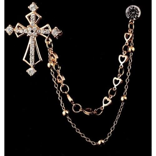 Brooches Korean High-grade Mens Unisex Party Shirt Suit Classic Trendy Personality Crystal Cross Chain Brooch Collar Pins 2019