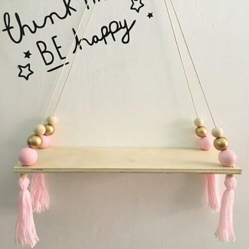 Wall-mounted Storage Rack Wooden Bead Rope Pendant Wall Ornament Shelves Hanging Shelf for Bedroom Living Room Decoration