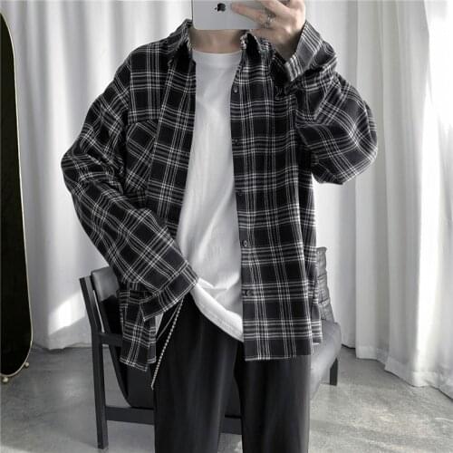 Autumn Long Sleeve Plaid Shirt Fashion Korean Style Men Clothing Hip Hop Kpop Clothes 2021 Ulzzang Hawaiian Shirt Male