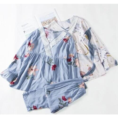 2 PCS Cotton Pajamas Floral Long Sleeve Pijamas Women Print Sexy Pajama Beauty Lounge Wear Home Clothes Sleep Set Pyjama Femme