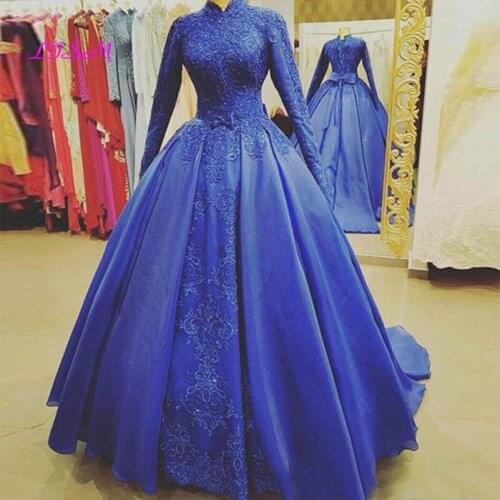 Royal Blue Muslim Evening Dresses Long Sleeves Satin Formal Party Dress Custom Made Robe De Soriee 2020 A-Line Prom Gowns