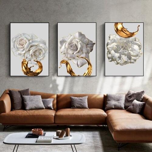 Golden Edge White Flower Poster Personality Fashion Abstract Print Canvas Art Painting Wall Picture Modern Living Room Decor